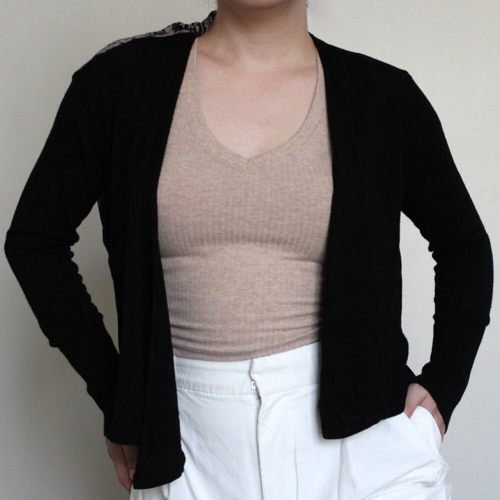 Jockey, size XS | Black Knit Open Cardigan With Sheer Floral Motif Back